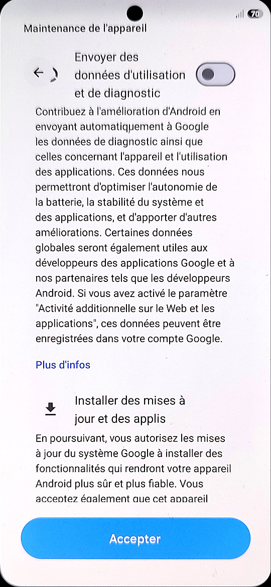 Samsung Galaxy S26 - Services Google envoi de données diagnostic