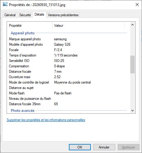 Propriétés d'une photo prise au téléobjecitf