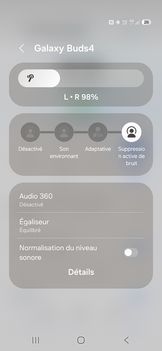 Galaxy Buds4 sur le S26 - Activation de l'ANC via le volet de paramétrage rapide