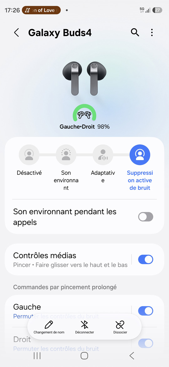 Galaxy Buds4 sur le S26 - Activation de l'ANC via les paramètres
