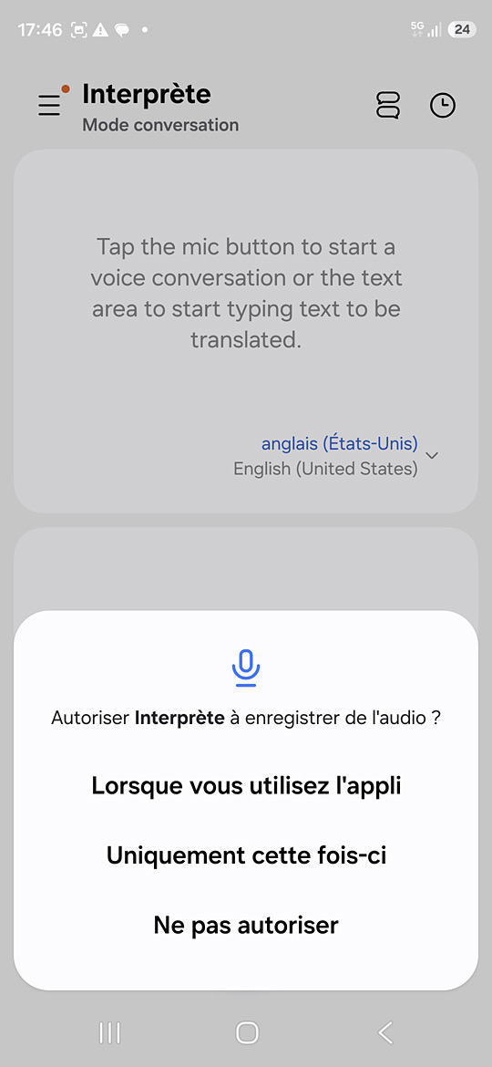 Galaxy Buds4 sur le S26 - Autorisations de l'appli Interprète