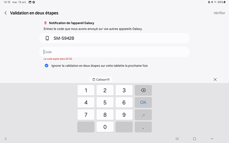Galaxy buds4 sur Galaxy tab A8 - Authentification en 2 étapes
