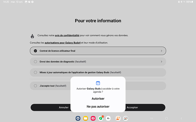 Galaxy buds4 sur Galaxy tab A8 - Appli Wearable autorisations agenda