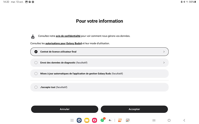 Galaxy buds4 sur Galaxy tab A8 - Appli Wearable autorisations