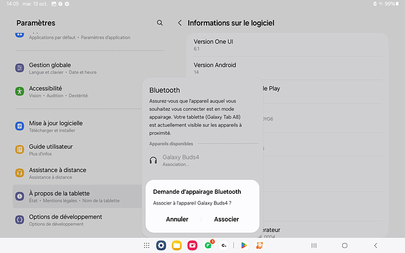 Galaxy buds4 sur Galaxy tab A8 - Demande d'appairage