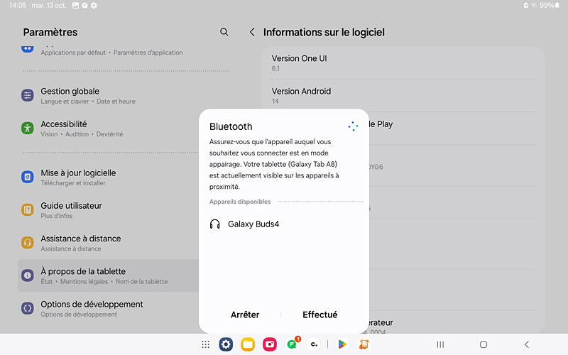 Détection des Galaxy buds4 par une Galaxy tab A8