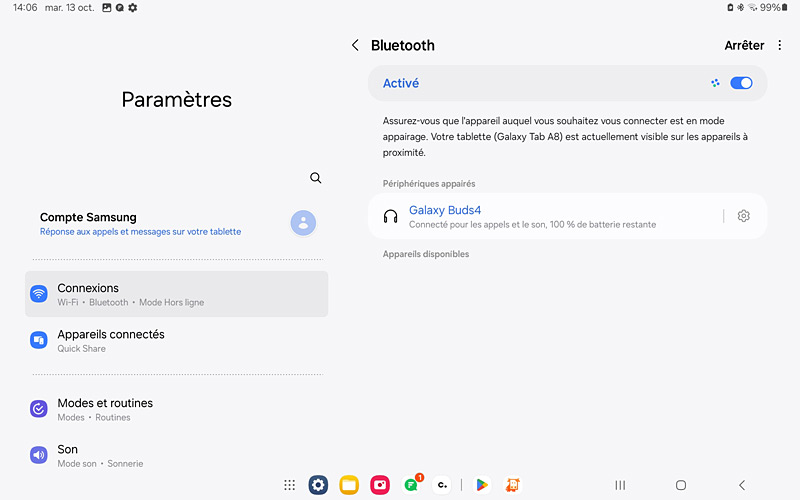Galaxy buds4 sur Galaxy tab A8 - Paramètres bluetooth