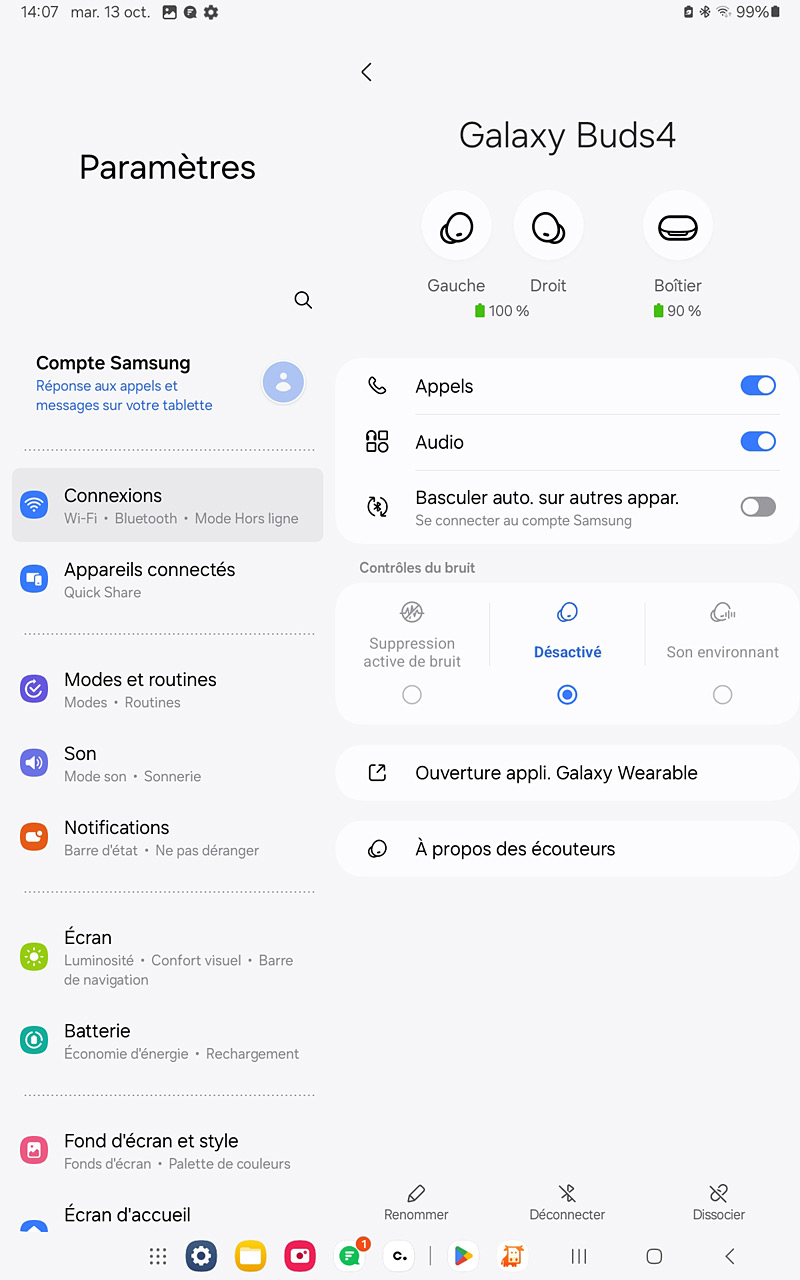 Galaxy buds4 sur Galaxy tab A8 - Paramètres des buds