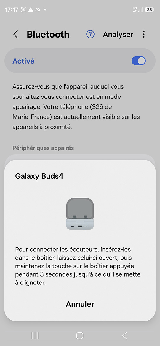 Popup nouvel appareil détecté Galaxy Buds4 sur le S26