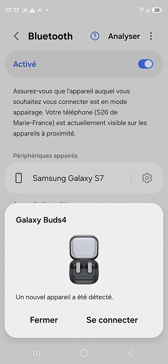 Popup nouvel appareil détecté Galaxy Buds4 sur le S26