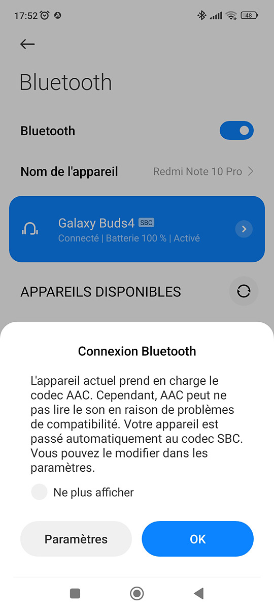 Avertissement AAC sur le Redmi note 10 pro