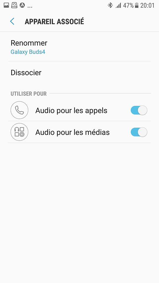 Options pour les Galaxy buds 4 sur le Samsung galaxy S7