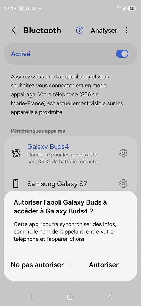 Galaxy Buds4 sur le S26 - Autorisation d'accès