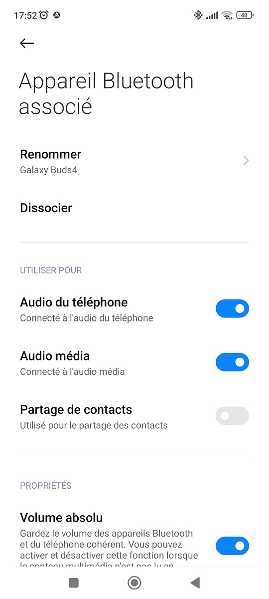 Options pour les Galaxy Buds4 sur le Redmi note 10 pro